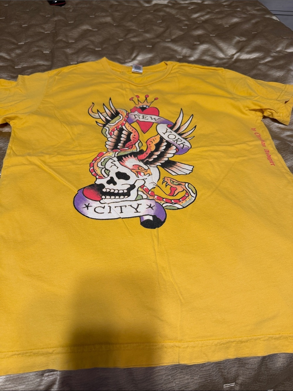 Express Yellow Graphic Skull Tee with Winged Heart Artwork